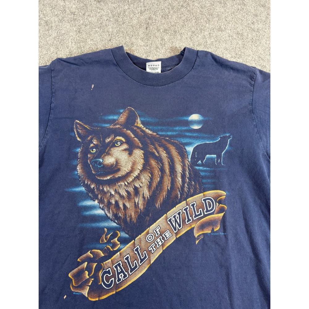 Vintage 90s Call of the Wild Wolf Graphic T Shirt Mens Medium Blue Nature USA